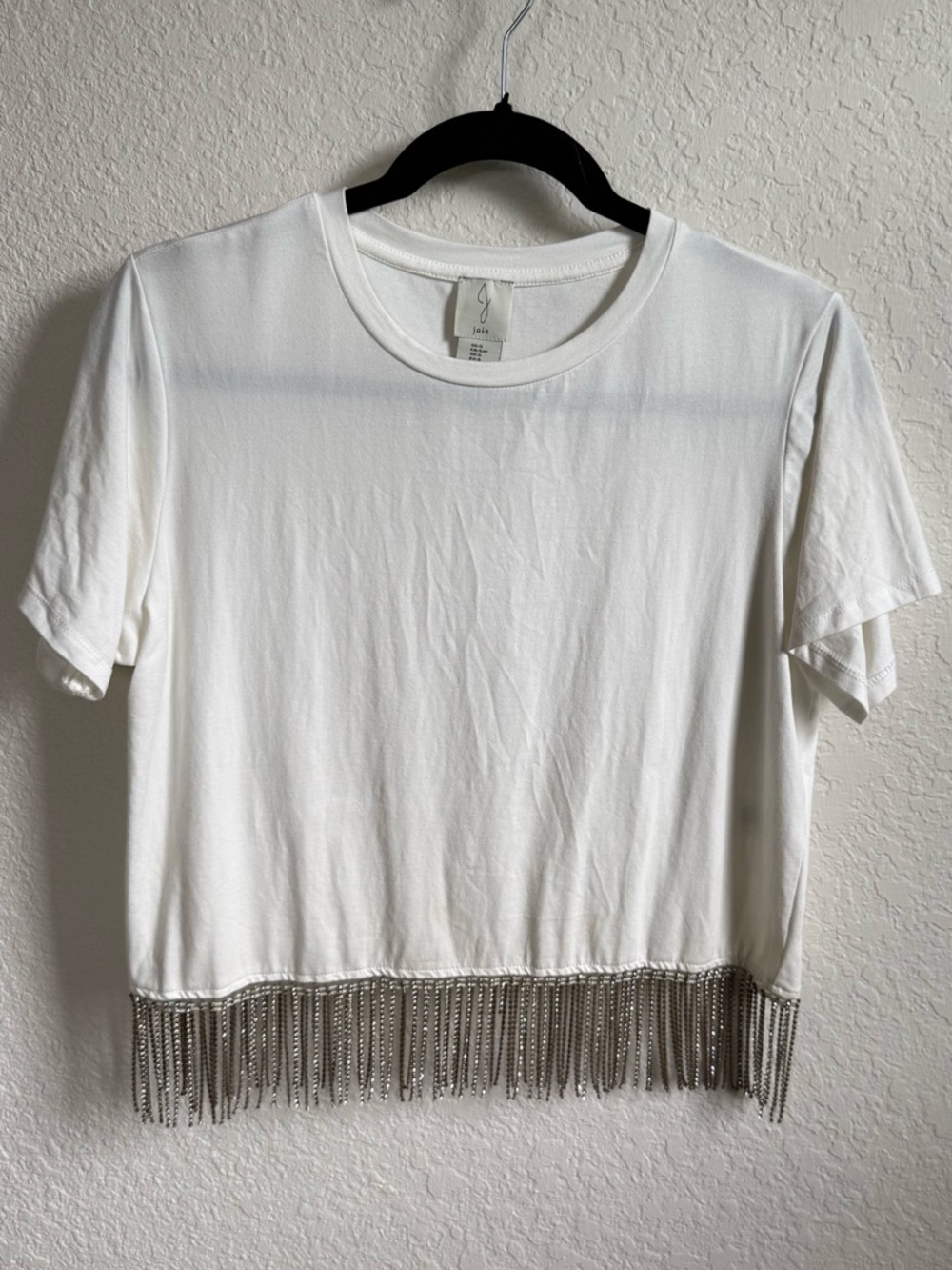 Joie White Crop Tee with Silver Chain Fringe